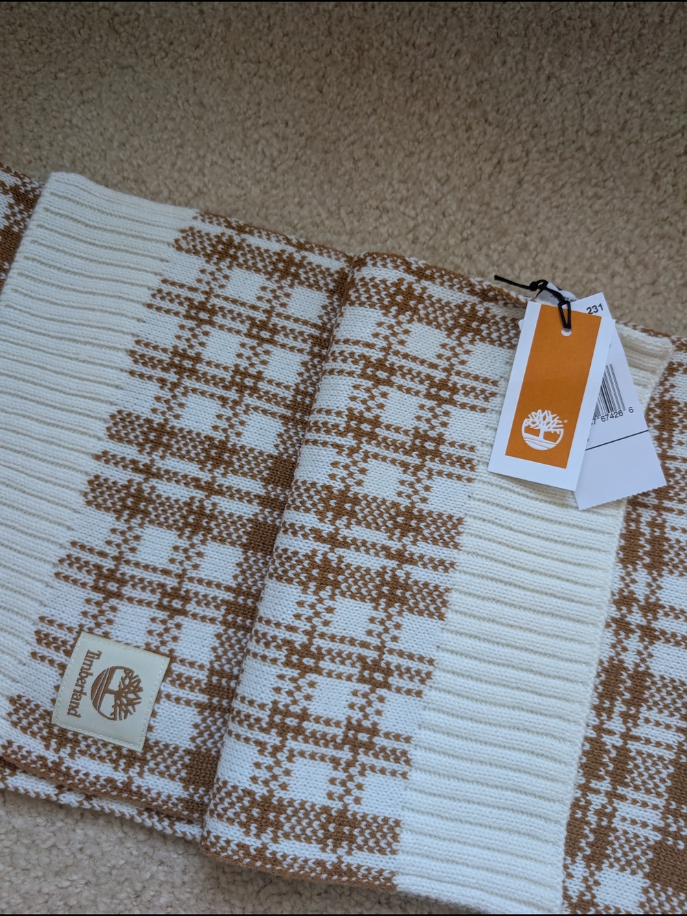 Timberland Cream and Camel Knit Scarf with Logo Tag